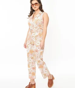 Unique Vintage Rompers & Jumpsuits>Apricot Floral Belted Jumpsuit