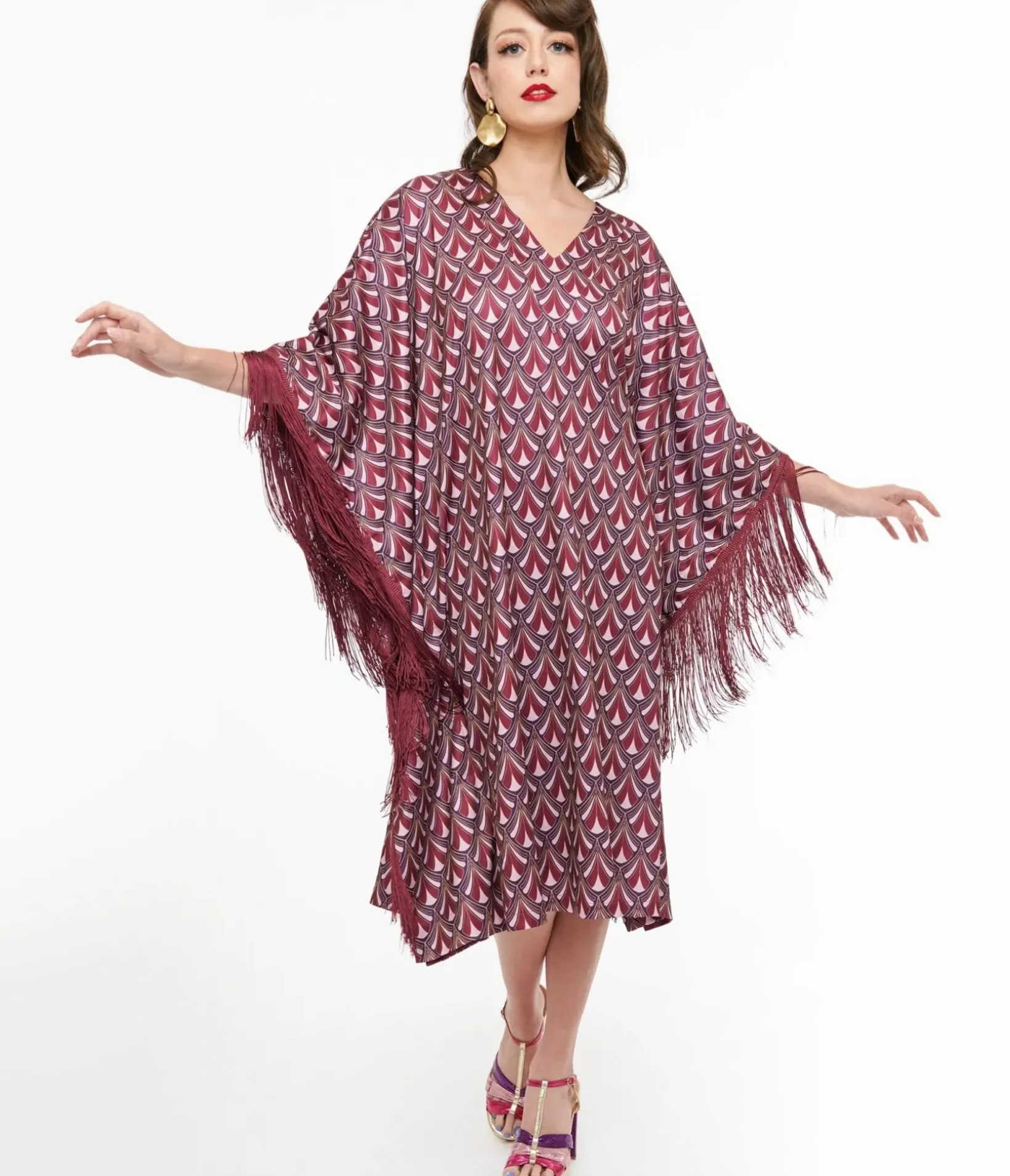 Unique Vintage Maxi|Caftans>Audrey K Purple Art Deco Fringe Love Is A Drug Caftan