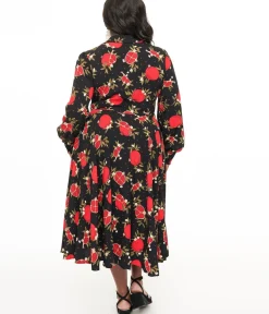 Unique Vintage Midi|Pocket Dresses>Banned Plus Size 1940s Black & Red Pomegranate Midi Dress