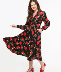 Unique Vintage Midi|Pocket Dresses>Banned 1940s Black & Red Pomegranate Midi Dress