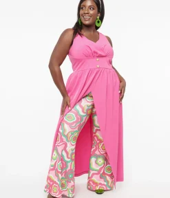 Unique Vintage Pants|Pants>Barbie x Smak Parlour Plus Size 1970s Pink & Green Floral Evening In Flare Pants