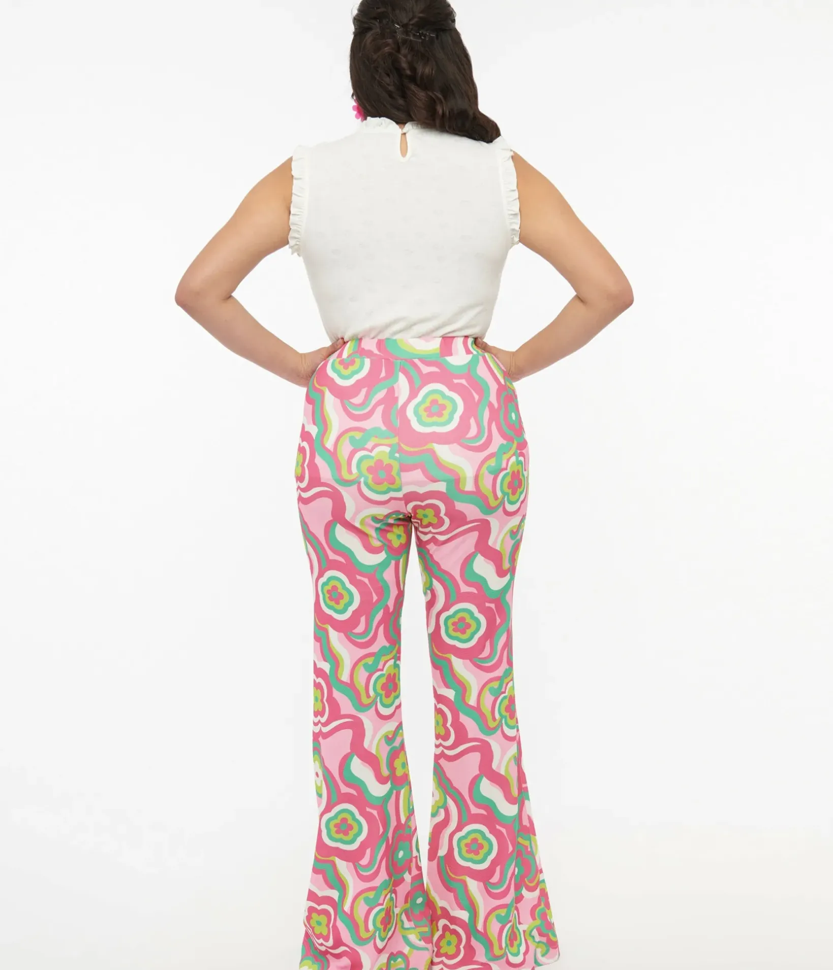 Unique Vintage Pants|All Things Pink>Barbie x Smak Parlour 1970s Pink & Green Floral Evening In Flare Pants