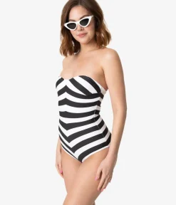 Unique Vintage One Piece Swim|Summer Vacation>BarbieÂª x Black & White Chevron Stripe One Piece Bathing Suit
