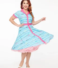 Unique Vintage Everyday Dresses>Barbie x Blue Barbie Print Shirt Dress