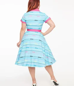 Unique Vintage Everyday Dresses>Barbie x Blue Barbie Print Shirt Dress