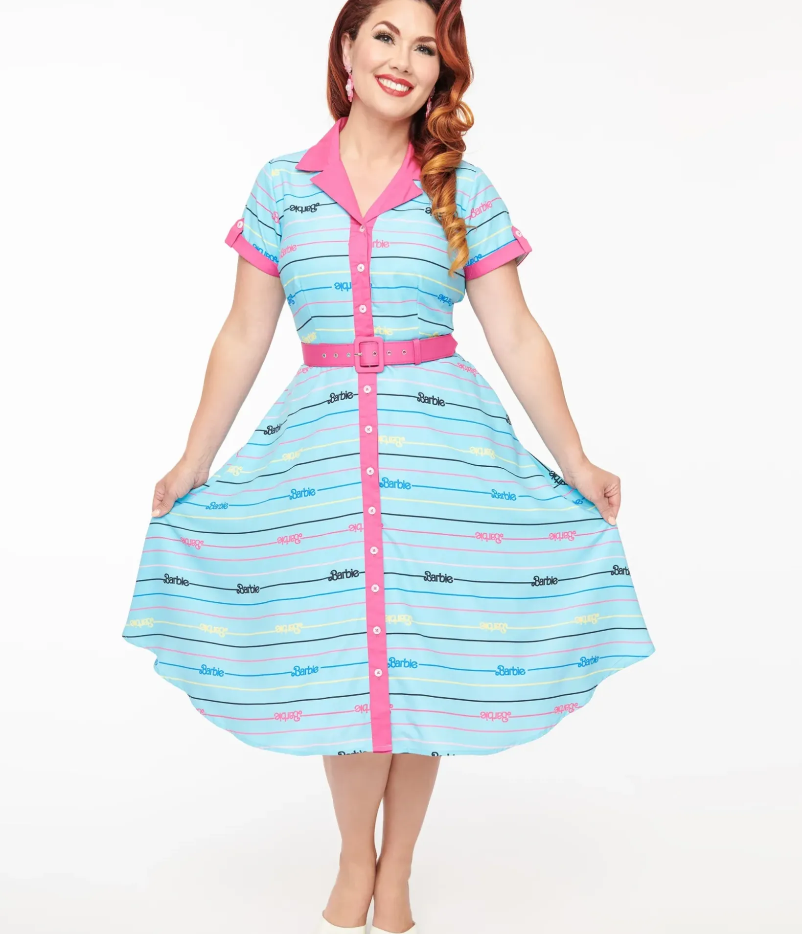Unique Vintage Everyday Dresses>Barbie x Blue Barbie Print Shirt Dress