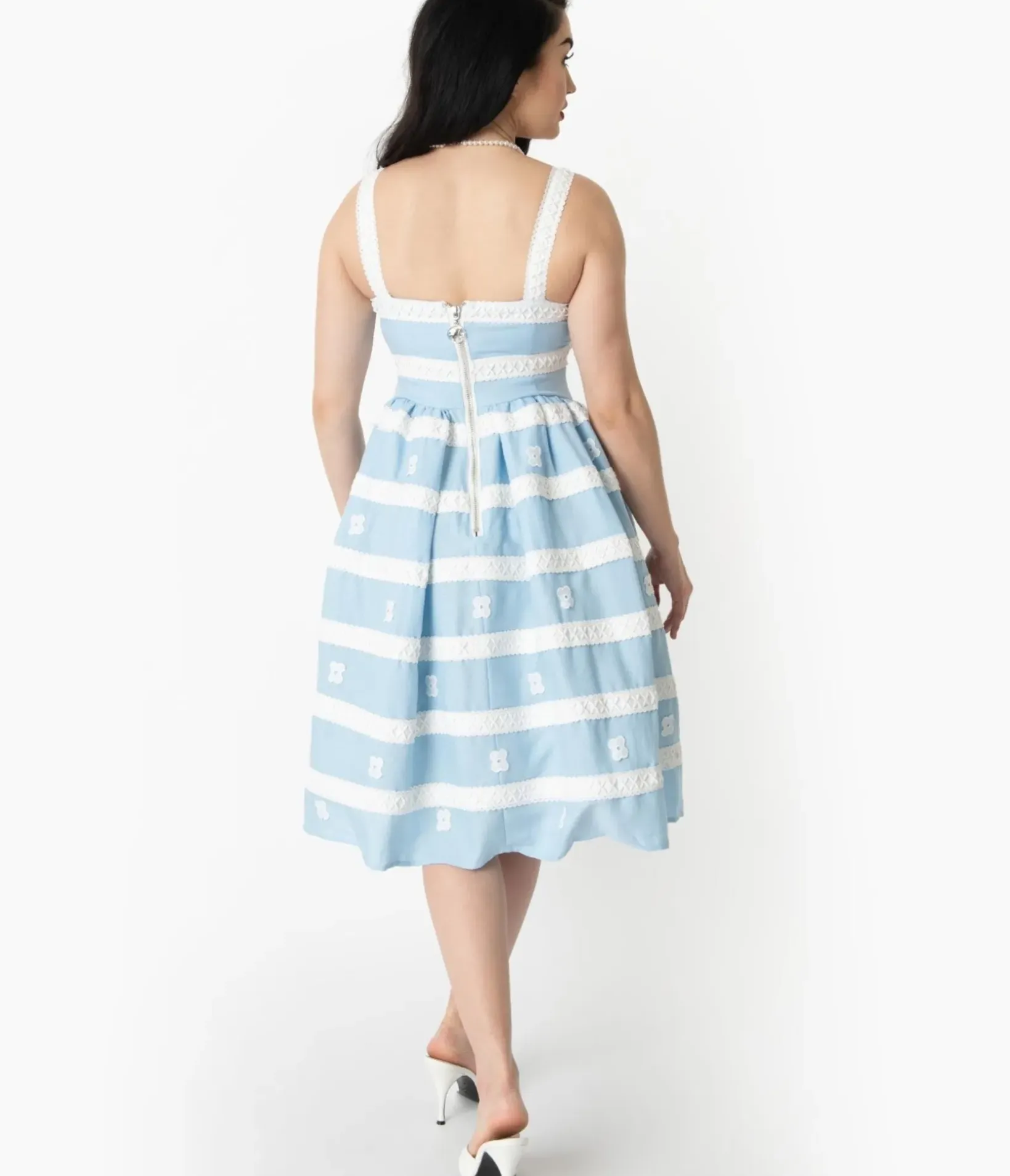 Unique Vintage Swing|Pocket Dresses>Barbie™ x Blue & White Suburban Shopper Sundress