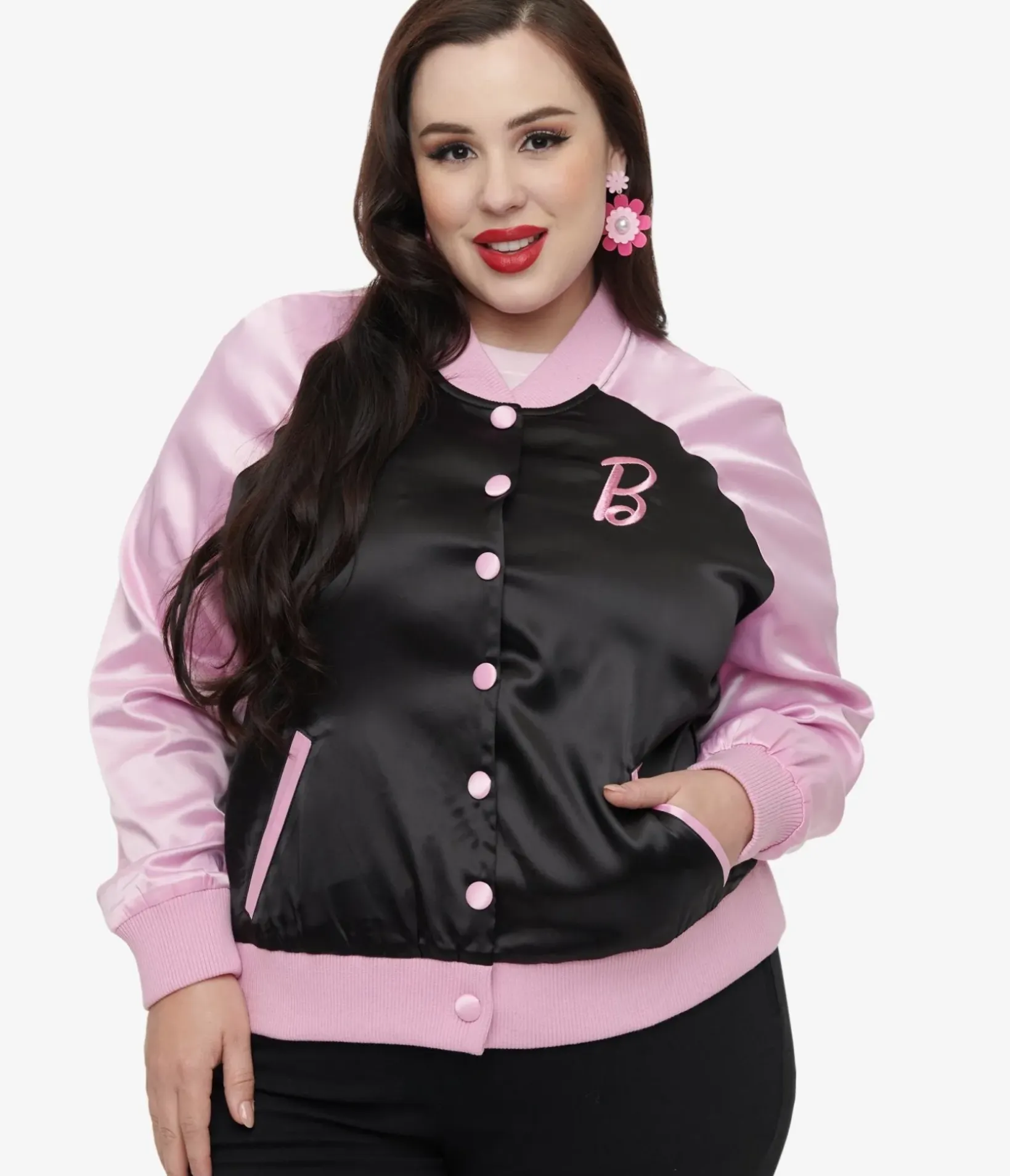 Unique Vintage Jackets|Coats & Jackets>Barbie x Plus Size Pink & Black OG Barbie Long Sleeve Bomber Jacket
