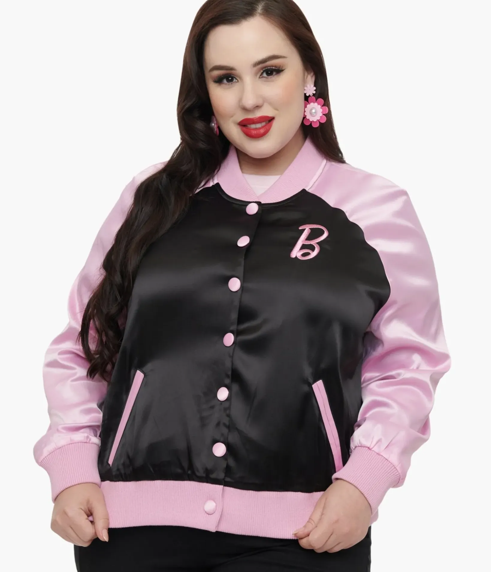 Unique Vintage Jackets|Coats & Jackets>Barbie x Plus Size Pink & Black OG Barbie Long Sleeve Bomber Jacket