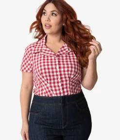Unique Vintage All Things Red>Barbie x Plus Size Red & White Gingham Woven Picnic Blouse