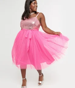 Unique Vintage Swing|Swing>Barbie x Plus Size 1980s Pink Sequin Day To Night Swing Dress