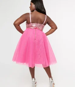 Unique Vintage Swing|Swing>Barbie x Plus Size 1980s Pink Sequin Day To Night Swing Dress