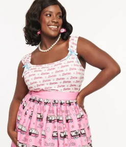 Unique Vintage All Things Pink>Barbie x Plus Size White & Pink Barbie Print Tank Top