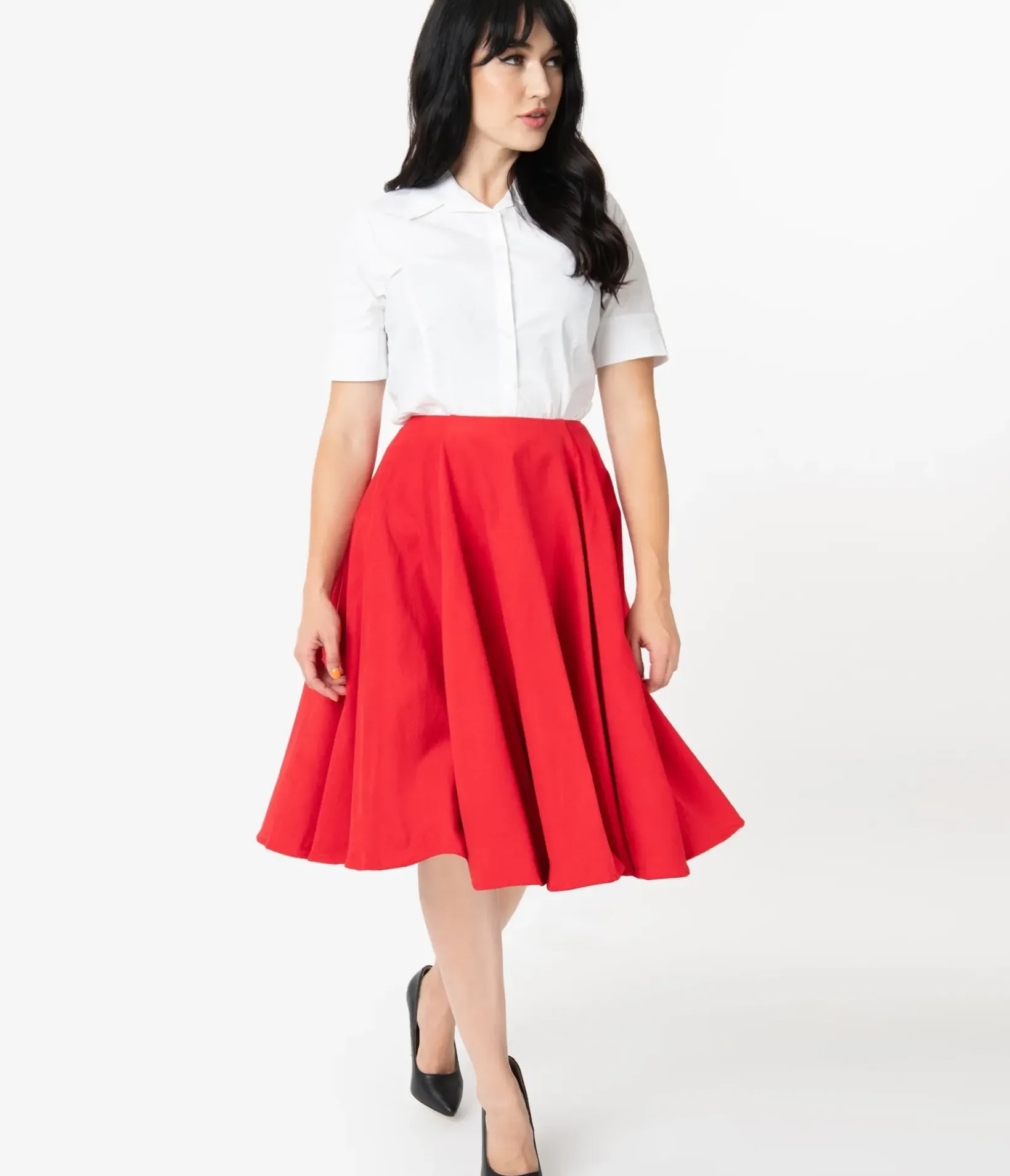 Unique Vintage All Things Red>Barbie x Red Corduroy Cheerleader Swing Skirt
