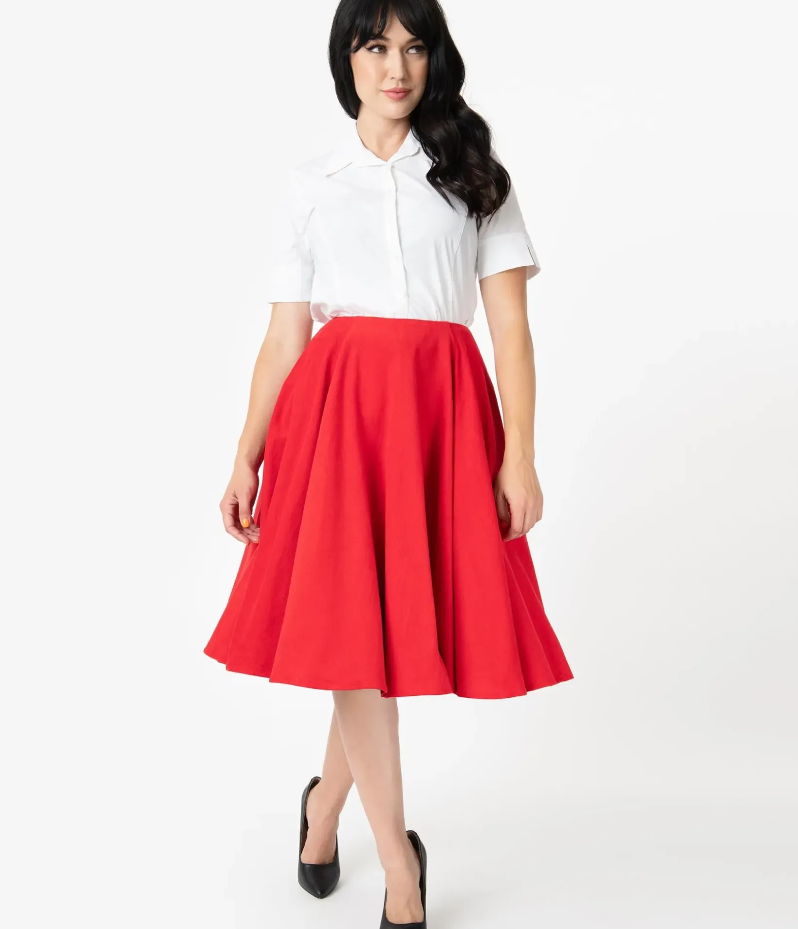 Unique Vintage All Things Red>Barbie x Red Corduroy Cheerleader Swing Skirt