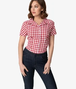 Unique Vintage All Things Red>Barbie x Red & White Gingham Woven Picnic Blouse
