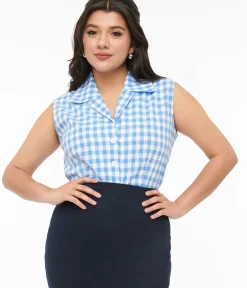 Unique Vintage Blouses|Work Wear>Barbie x 1950s Blue & White Gingham Commuter Set Collar Blouse