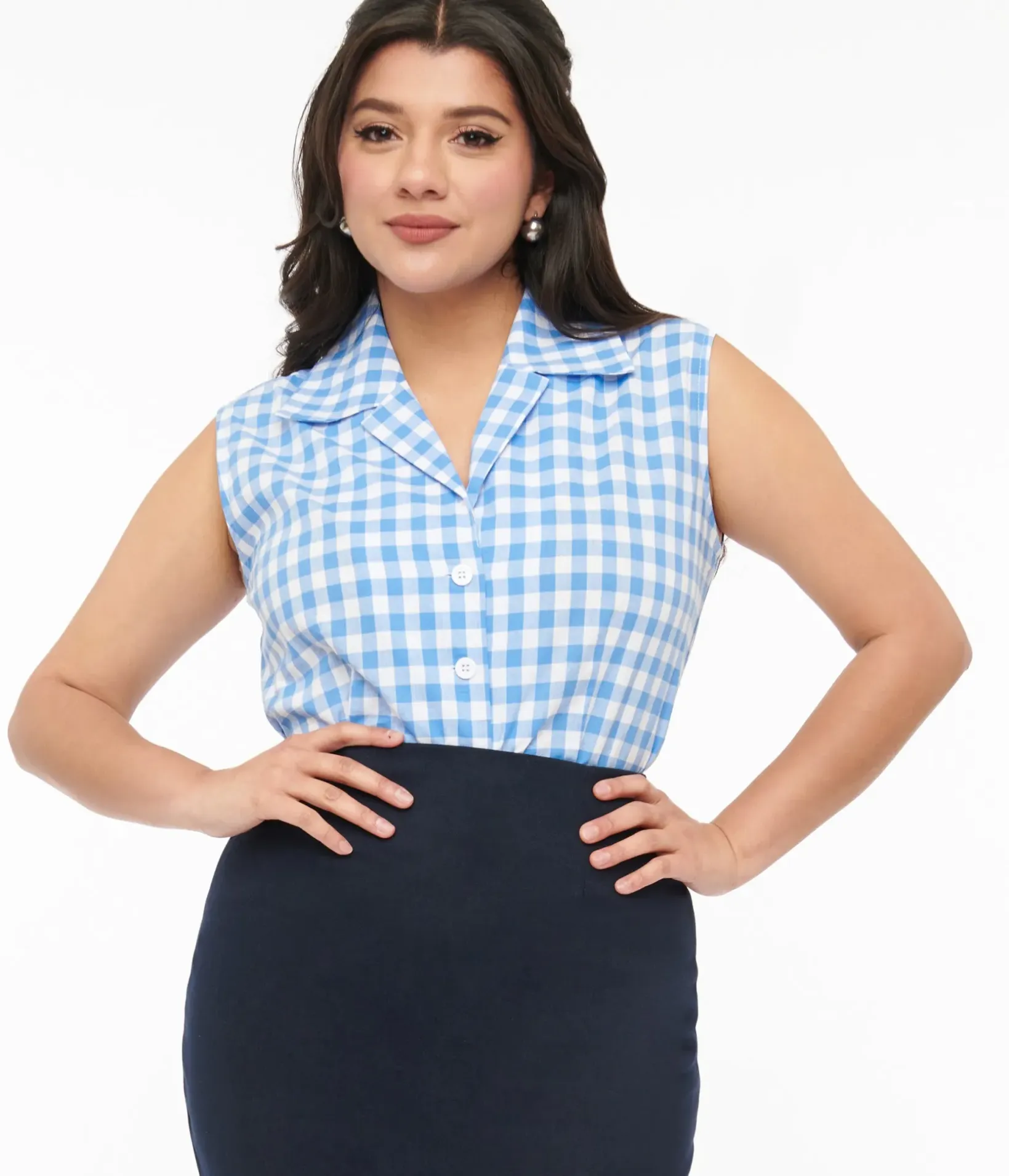 Unique Vintage Blouses|Work Wear>Barbie x 1950s Blue & White Gingham Commuter Set Collar Blouse
