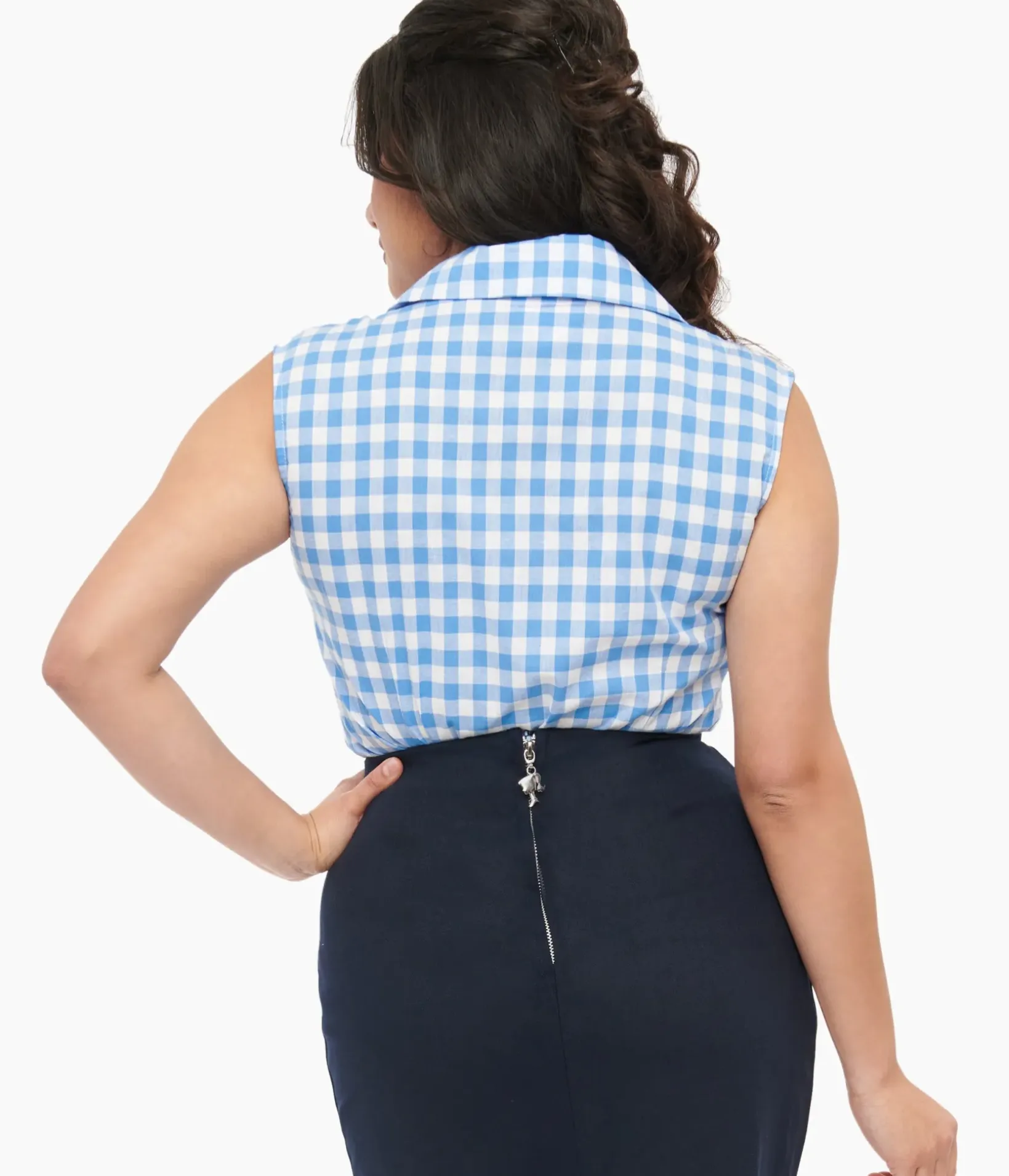 Unique Vintage Blouses|Work Wear>Barbie x 1950s Blue & White Gingham Commuter Set Collar Blouse