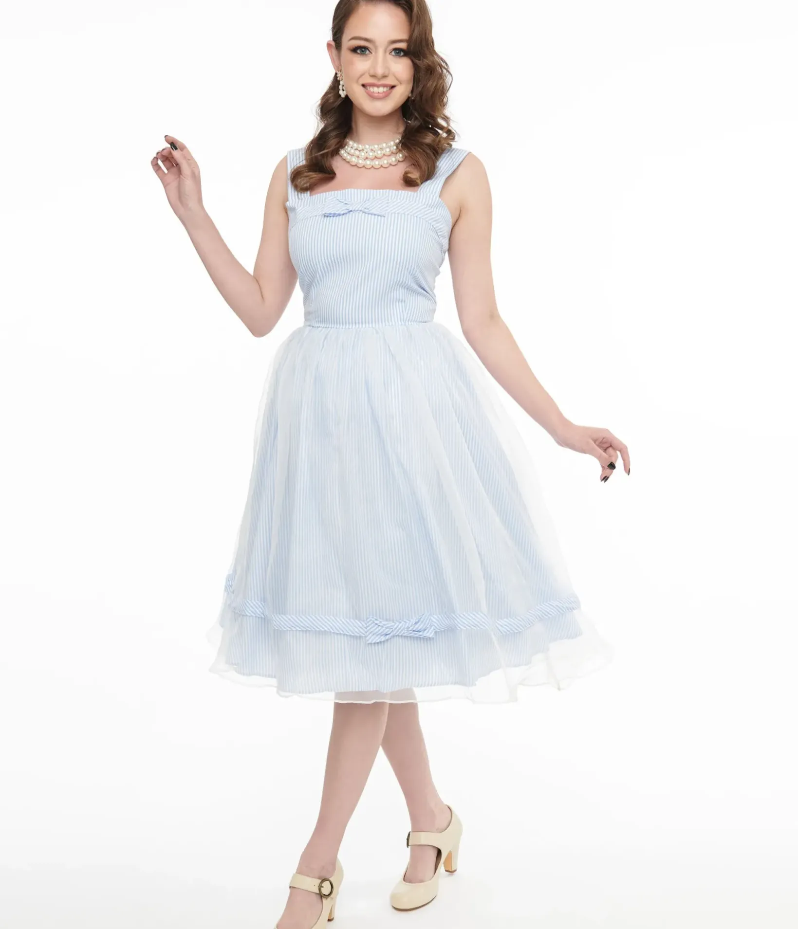Unique Vintage Swing|Everyday Dresses>Barbie x 1960s Blue & White Stripe Movie Date Swing Dress