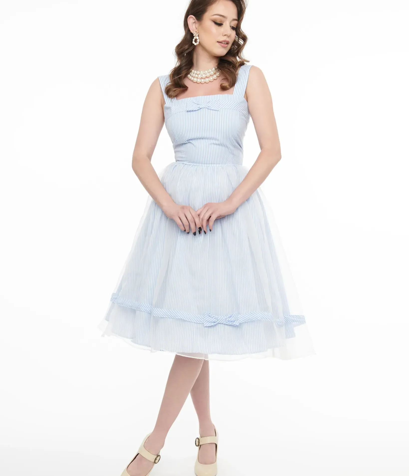 Unique Vintage Swing|Everyday Dresses>Barbie x 1960s Blue & White Stripe Movie Date Swing Dress
