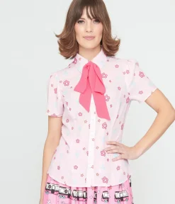 Unique Vintage Blouses|All Things Pink>Barbie x 1970s Pink Barbie Floral Print Bow Blouse