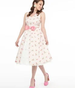 Unique Vintage Swing|Everyday Dresses>Barbie x 1960s Pink Rosebud Garden Party Swing Dress