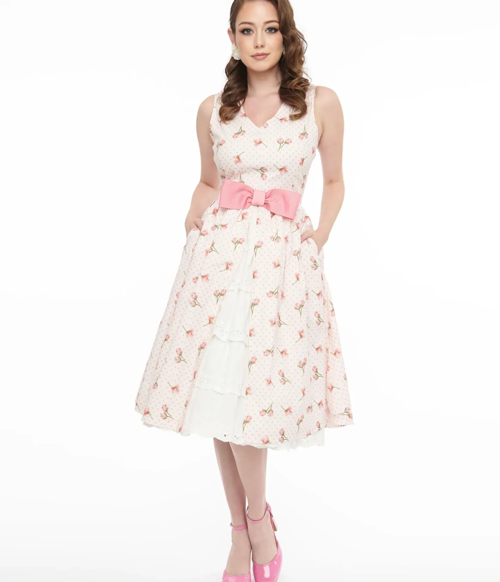 Unique Vintage Swing|Everyday Dresses>Barbie x 1960s Pink Rosebud Garden Party Swing Dress