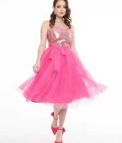 Unique Vintage Swing|Everyday Dresses>Barbie x 1980s Pink Sequin Day To Night Swing Dress