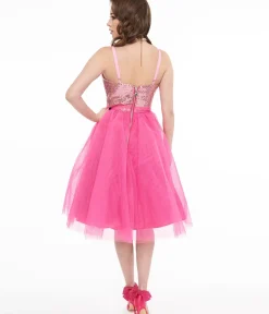 Unique Vintage Swing|Everyday Dresses>Barbie x 1980s Pink Sequin Day To Night Swing Dress