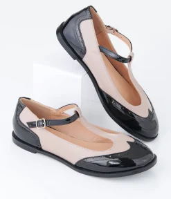 Unique Vintage Work Wear|Flats>Beige & Black Patent Leatherette Oxford T-Strap Flats