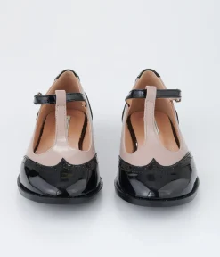 Unique Vintage Work Wear|Flats>Beige & Black Patent Leatherette Oxford T-Strap Flats
