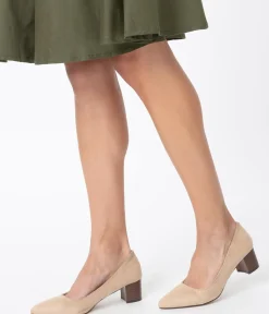 Unique Vintage Heels>Beige Suede Pointed Toe Stacked Heels