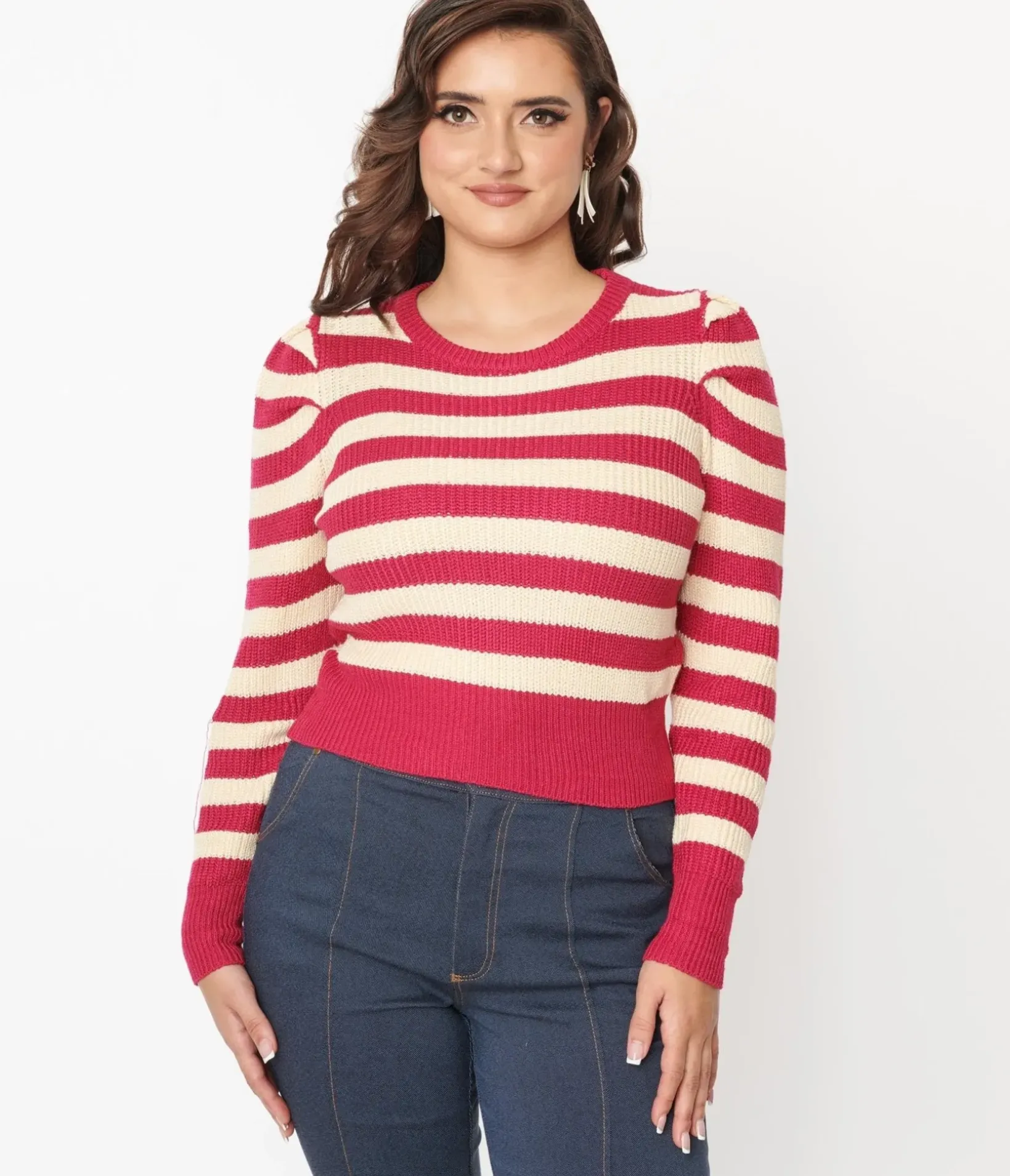 Unique Vintage Sweaters & Cardigans|All Things Pink>Berry Pink & Cream Stripe Sweater