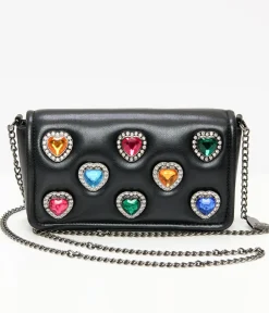 Unique Vintage Novelty Bags>Betsey Johnson Black Leatherette Bejeweled Hearts Crossbody Bag