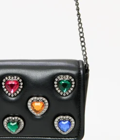 Unique Vintage Novelty Bags>Betsey Johnson Black Leatherette Bejeweled Hearts Crossbody Bag