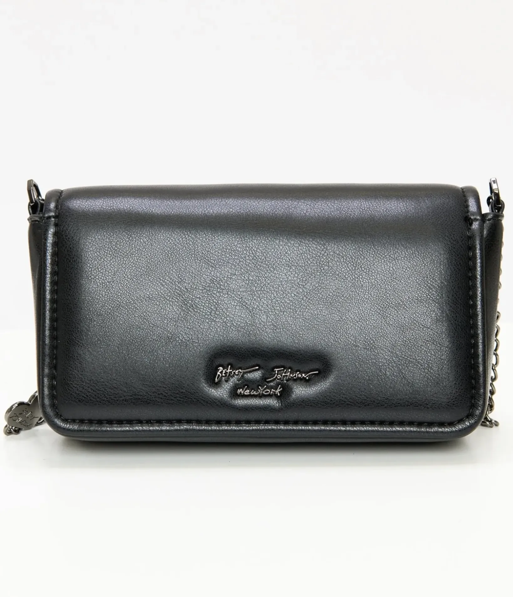 Unique Vintage Novelty Bags>Betsey Johnson Black Leatherette Bejeweled Hearts Crossbody Bag