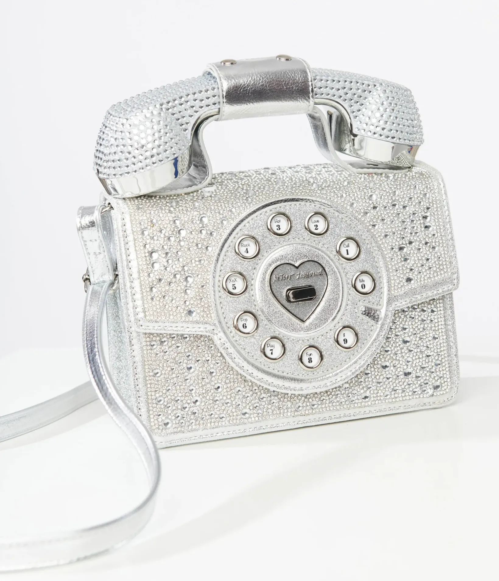 Unique Vintage Novelty Bags>Betsey Johnson Silver Rhinestone Phone Handbag