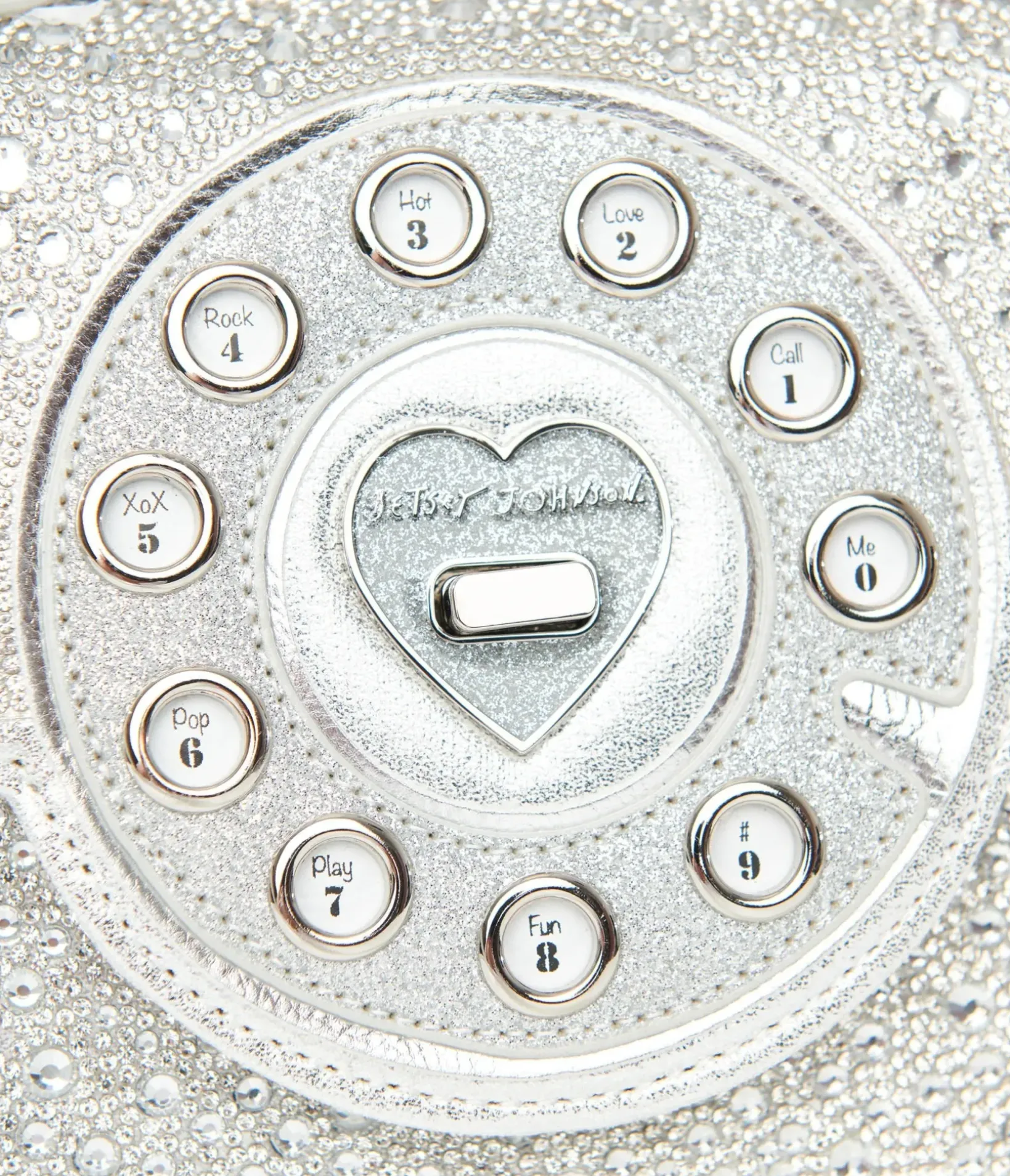 Unique Vintage Novelty Bags>Betsey Johnson Silver Rhinestone Phone Handbag