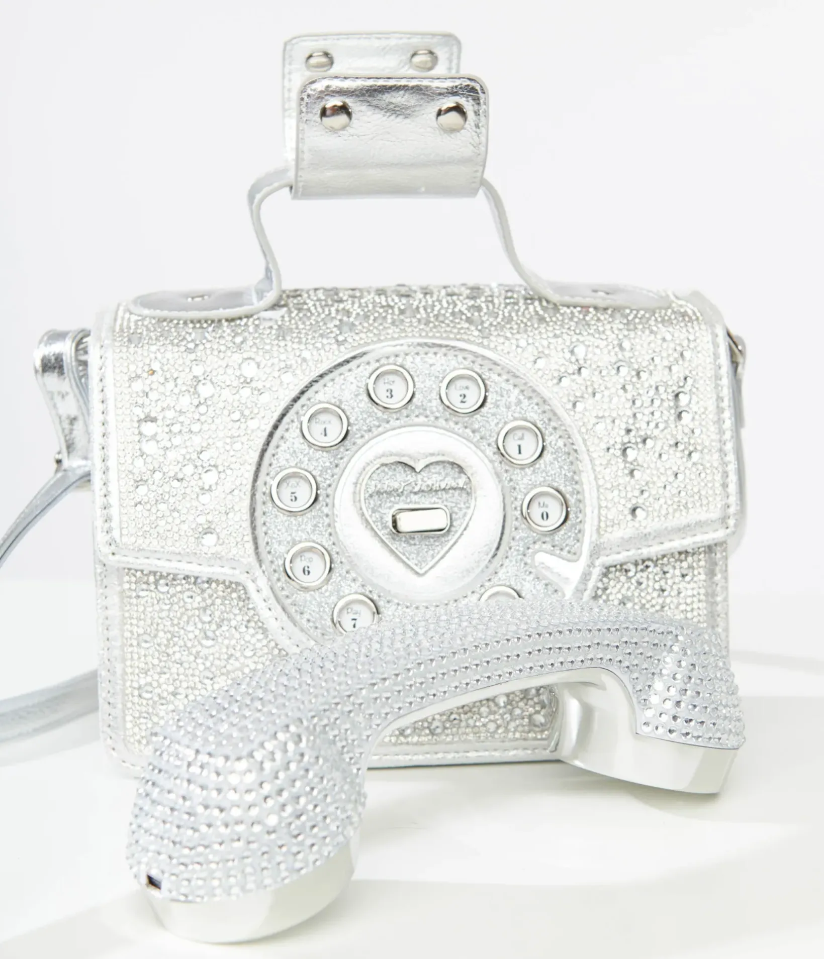 Unique Vintage Novelty Bags>Betsey Johnson Silver Rhinestone Phone Handbag