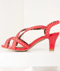 Unique Vintage Heels|All Things Red>Bettie Page Retro Red & White Polka Dot Peep Toe Gracie Heels