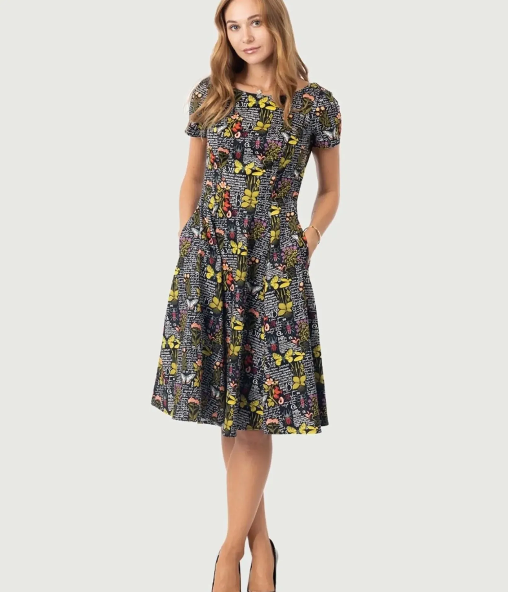 Unique Vintage Swing|Swing>Black & Botanical Butterfly Print Swing Dress