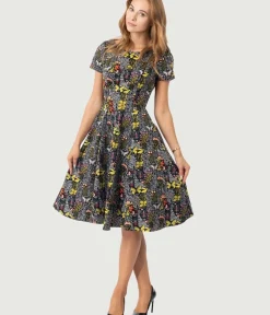 Unique Vintage Swing|Swing>Black & Botanical Butterfly Print Swing Dress