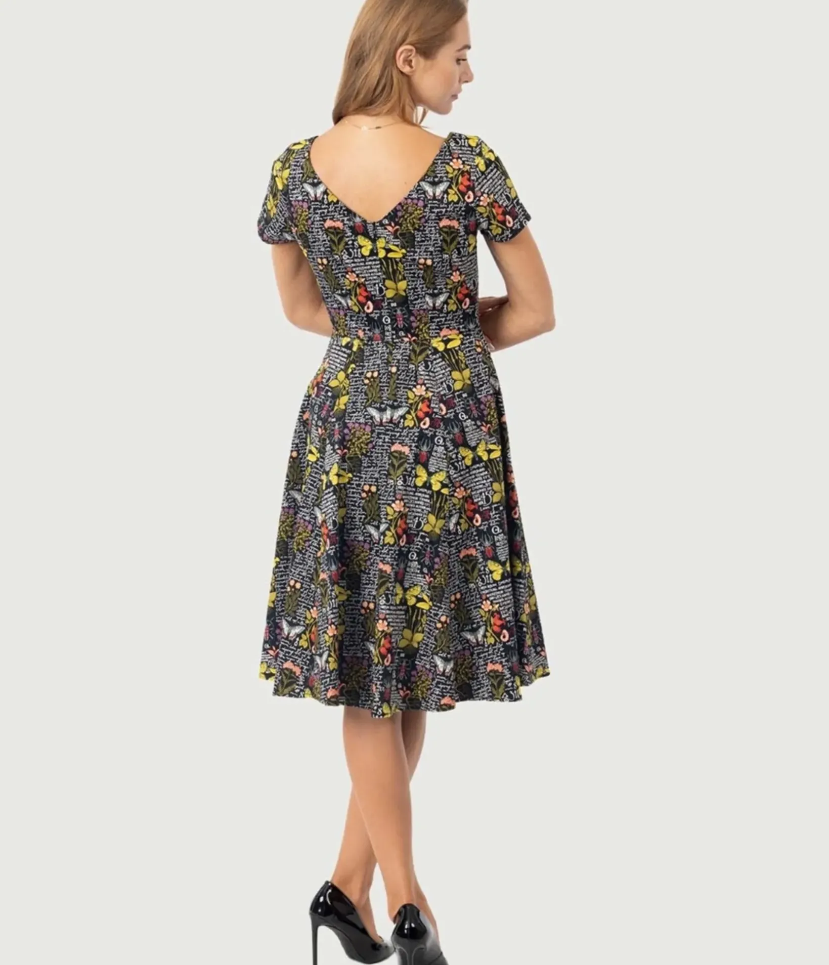 Unique Vintage Swing|Swing>Black & Botanical Butterfly Print Swing Dress