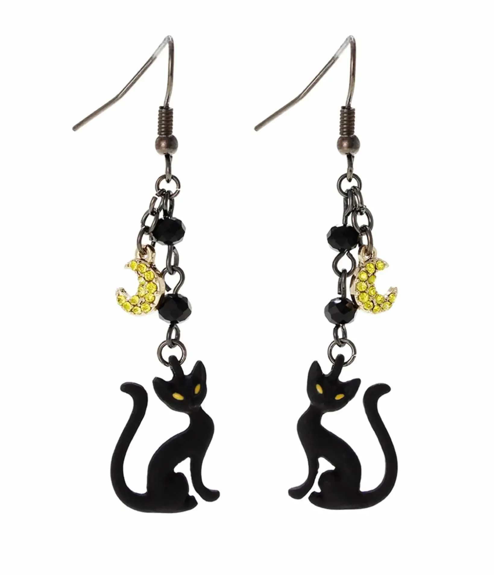 Unique Vintage Earrings>Black Cat & Moon Dangle Earrings
