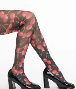 Unique Vintage Stockings & Tights>Black & Cherry Printed Tights