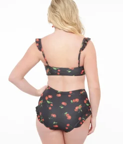 Unique Vintage Two Piece Swim|Two Piece Swim>Black & Cherry Print Two Piece Swim Set