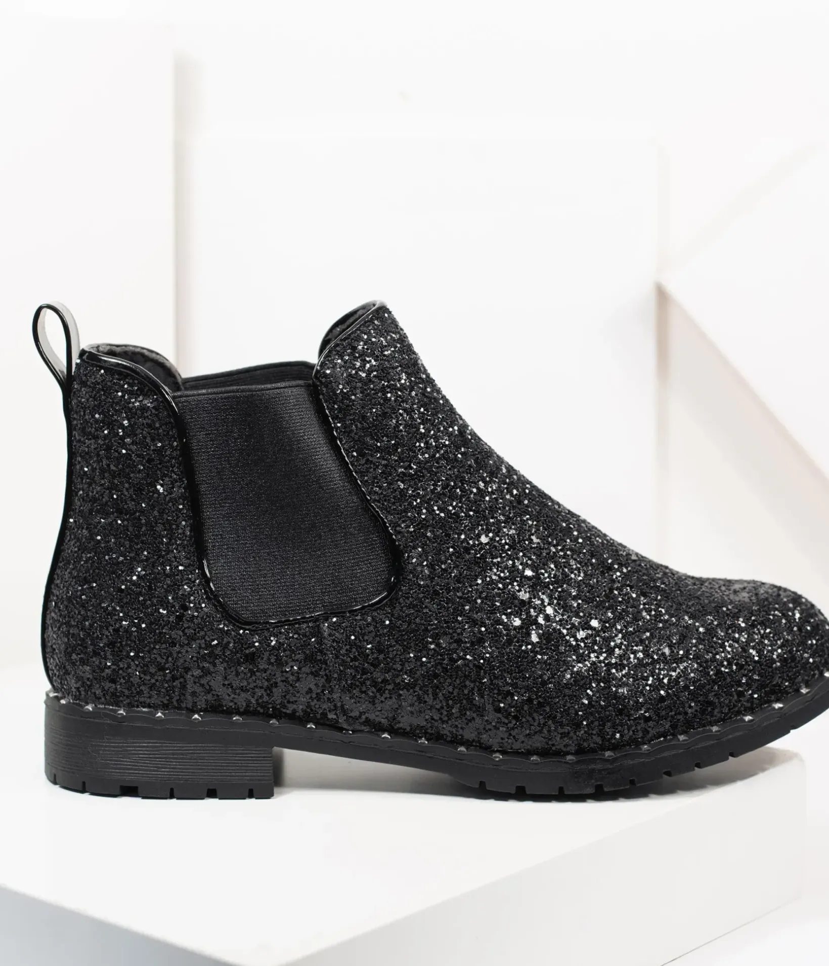 Unique Vintage Boots>Black Chunky Glitter Chelsea Boot