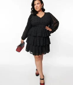 Unique Vintage Fit & Flare|Fit & Flare>Black Clip Dot Ruffle Tiered Fit & Flare Dress