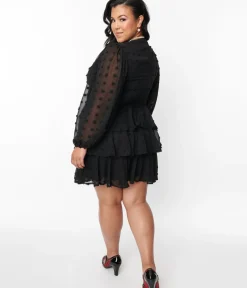 Unique Vintage Fit & Flare|Fit & Flare>Black Clip Dot Ruffle Tiered Fit & Flare Dress